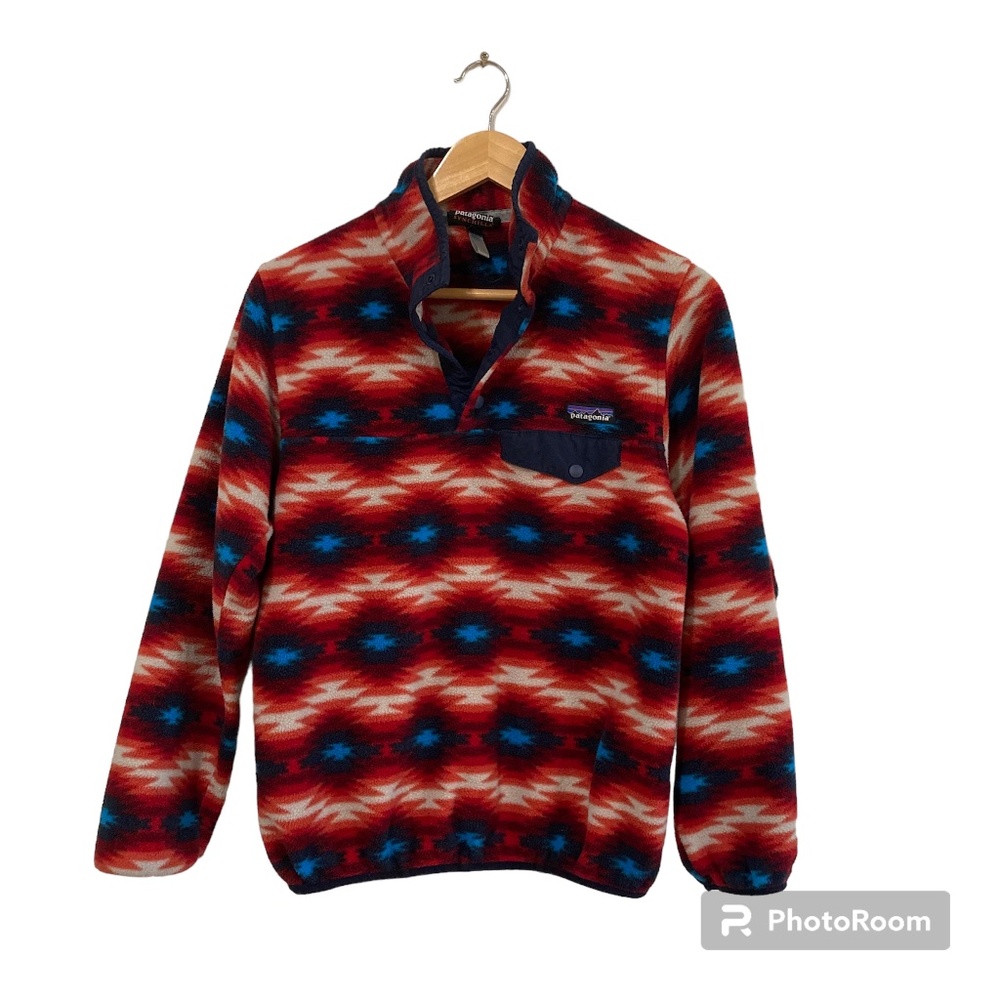 Patagonia Synchilla Snap T Red Wild Desert Aztec Fleece Pullover Womens Size S
